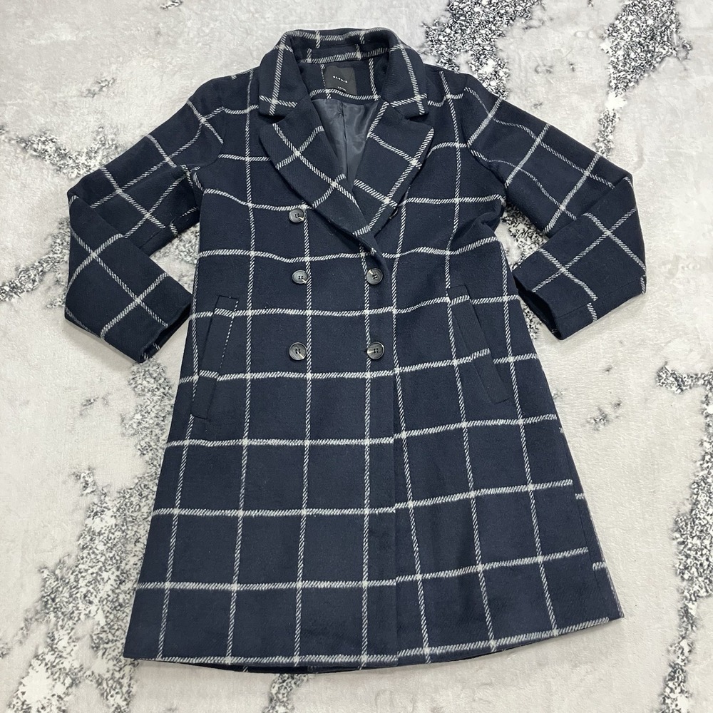 Elodie Coat Womens Size Large Navy Windowpane Plaid Double Breasted Long Coat